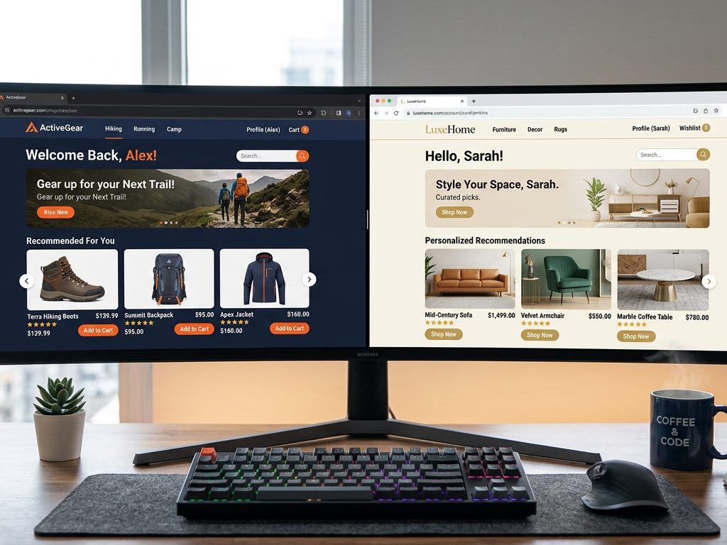 Two different personalized ecommerce web pages side by side